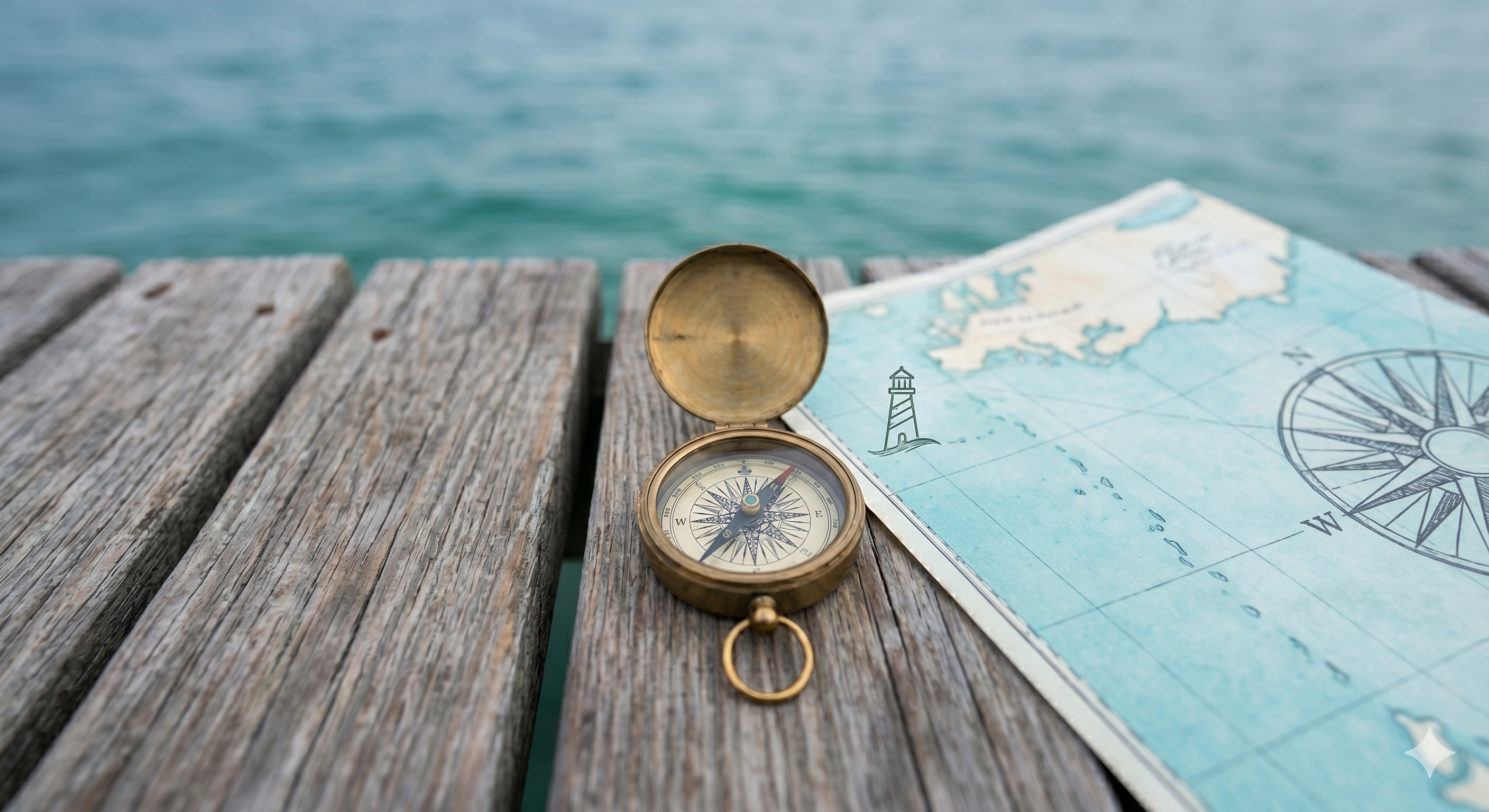 Kompass und alte Seekarte auf einem Holzsteg am Wasser.