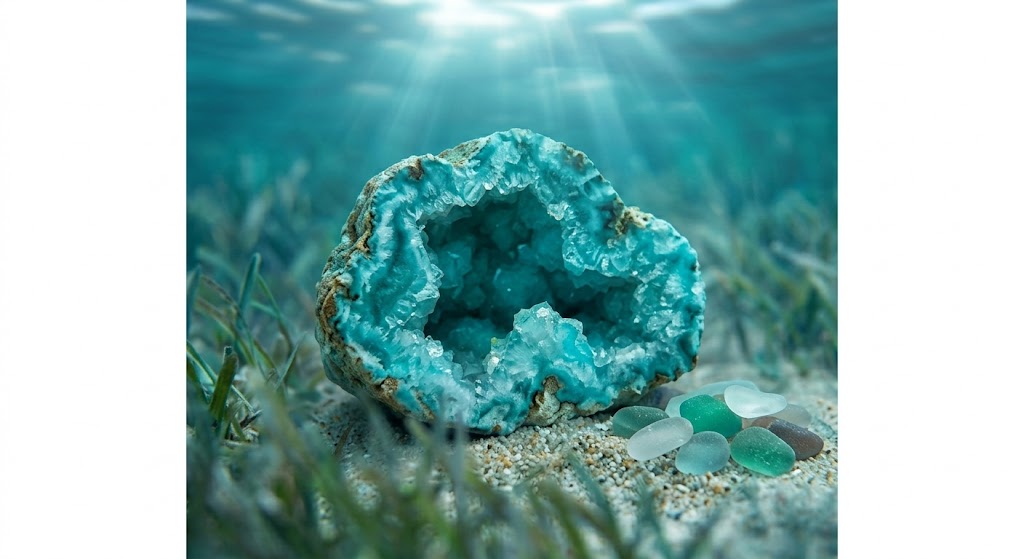 Türkisfarbene Geode im klaren Meer, umgeben von Seegras.
