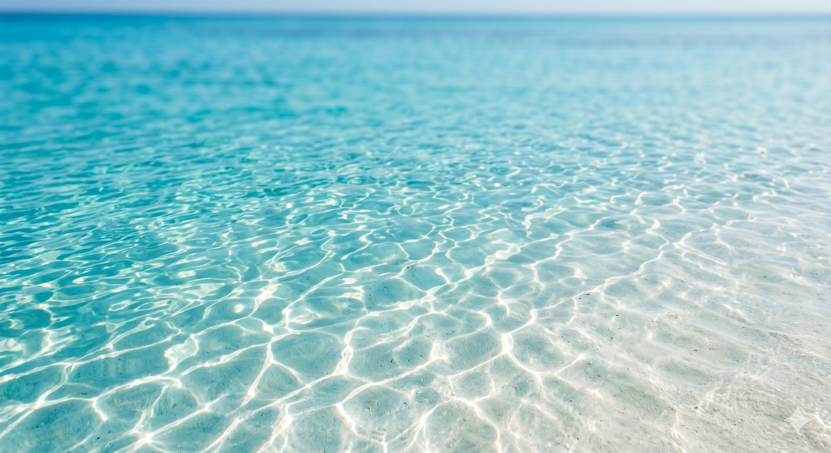 Ruhiges türkisfarbenes Wasser, Holzsteg ragt in den Horizont.